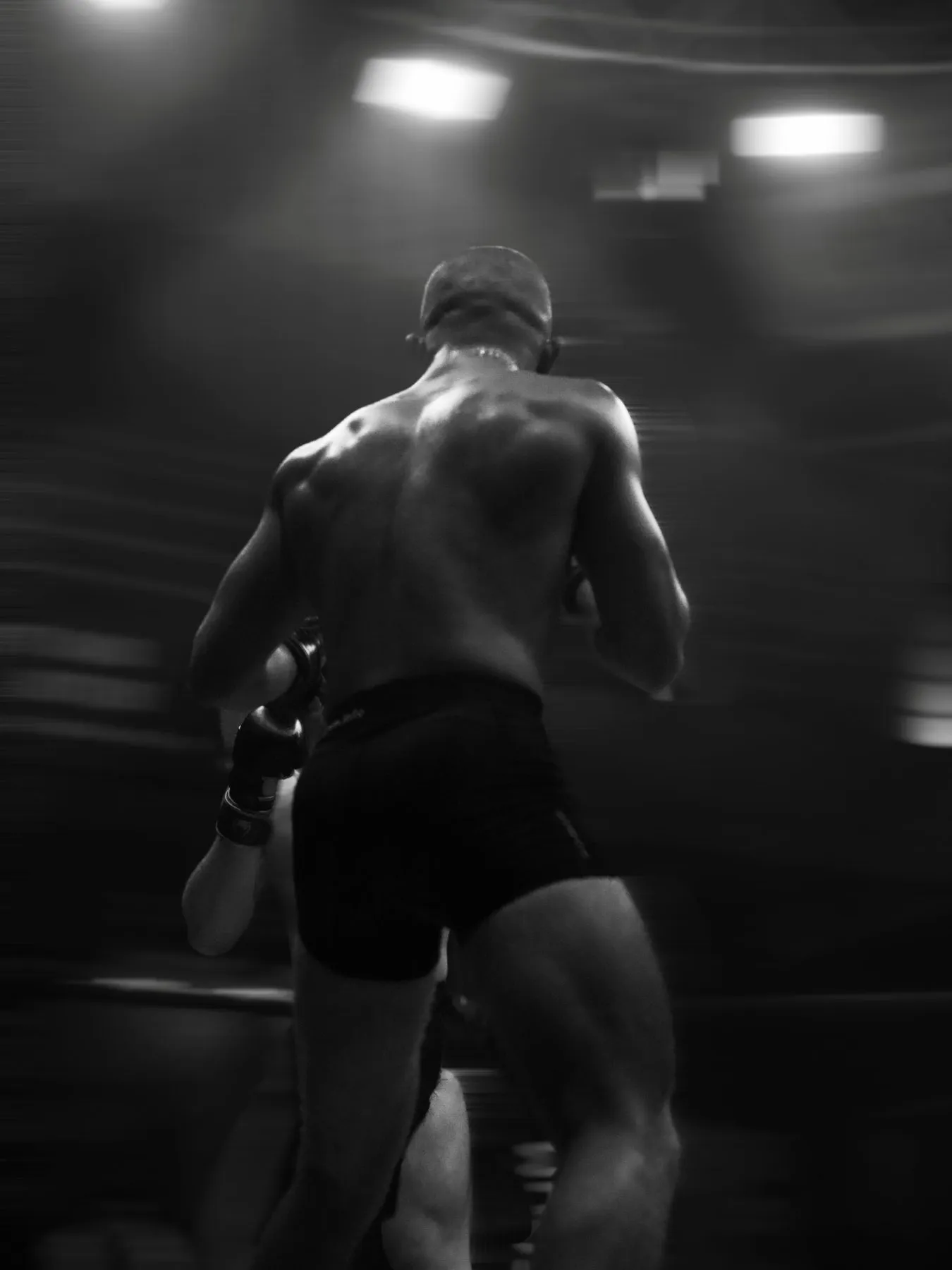 Moritz Barth von hinten mit Boxhandschuhen in der Arena